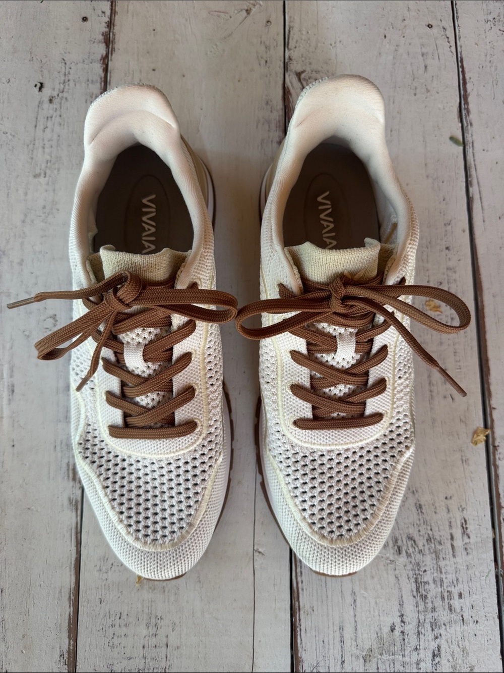 Vivaia Women's Cream Knit Sneakers with Brown Accents